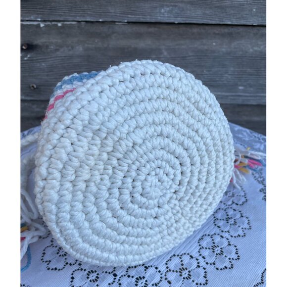 Vintage 1970s Cotton Crochet Pastel Stripe Drawstring Bag Purse - Picture 12 of 13